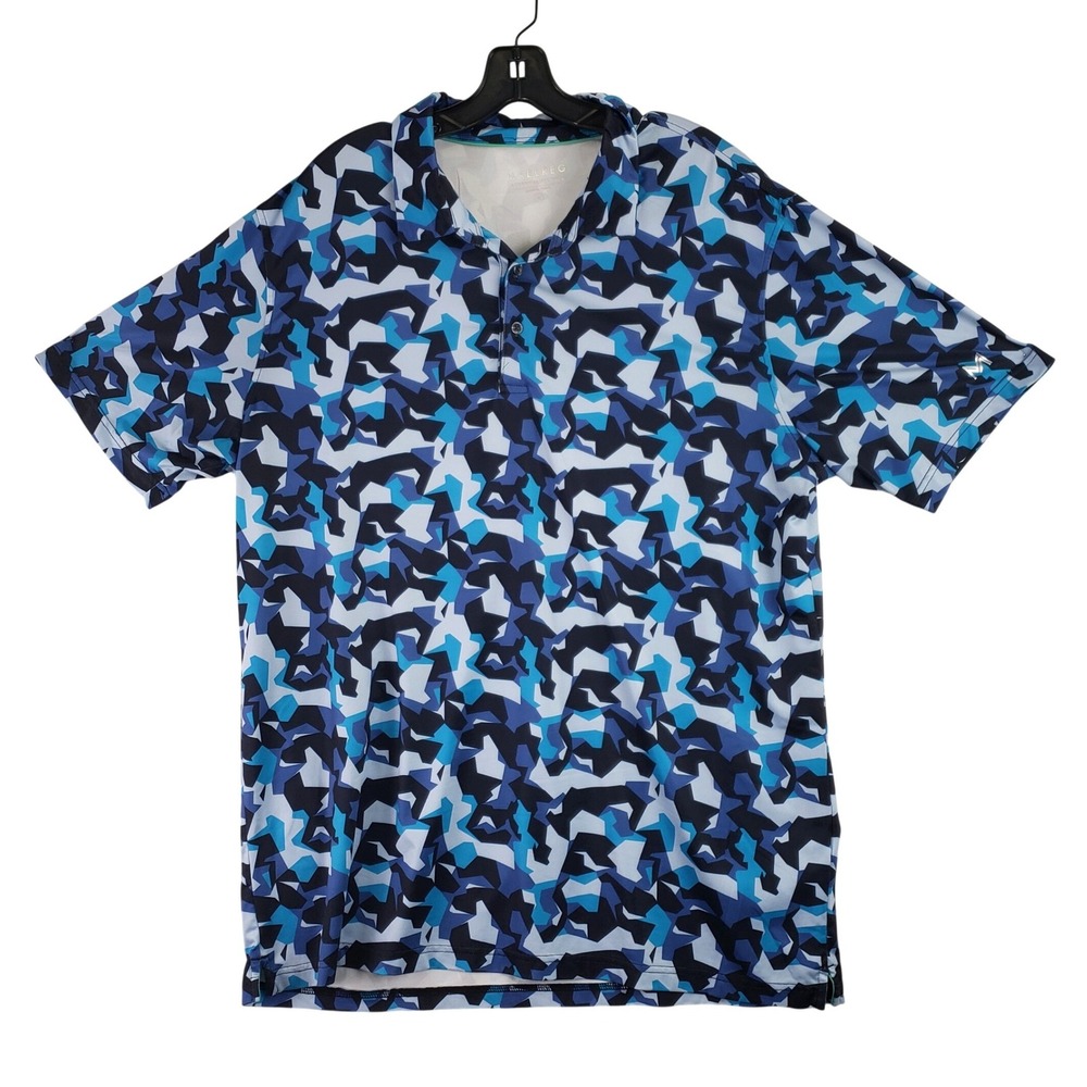 Maelreg Performance Polo Shirt Mens XL Blue Geometric Camo Golf Stretch Athletic